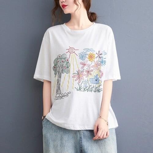 Women Summer Cotton Casual T-shirts New Arrival 2021 Fashion Korean Style Floral Print Loose Female Short Sleeve Tops Tees B567