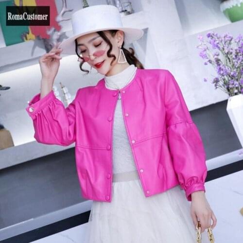 Leather Jacket Womens Short 2021 Autumn New Genuine Leather Solid Coat Sheepskin Lantern Sleeve Korean Elegant Female Outerwear