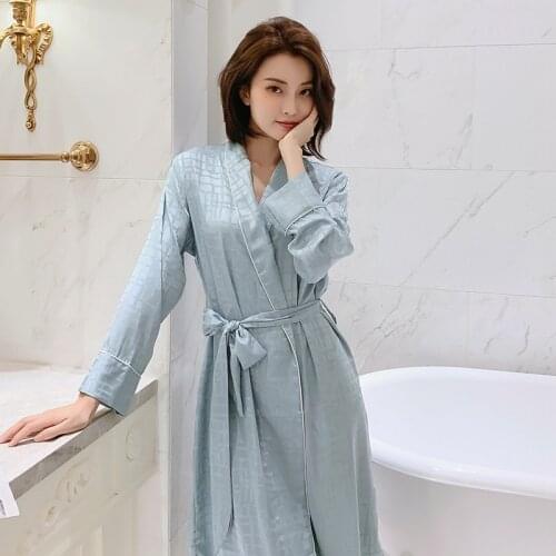 Blue Women Sleepwear Bathrobe Gown Kimono Robe Long Sleeve Satin Homewear With Pocket Sexy Spring and Summer New Nightwear