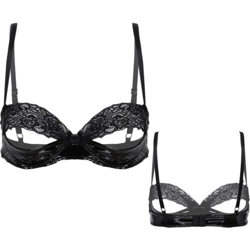 Adult Sexy Lingerie for Women Hot Erotic Bra Ladies Black Lace Patent Leather Sexy Costumes Underwear Spaghetti Bare Bra Tops
