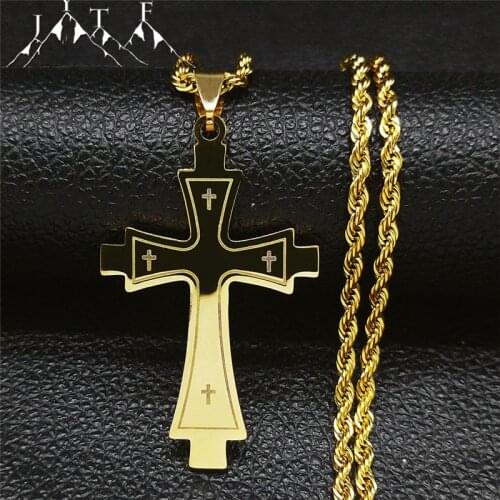 Religion Christian Cross Stainless Steel Gold Color Big Long Statement Necklace Women/Men Necklace Jewelry bijou femme N4294S05