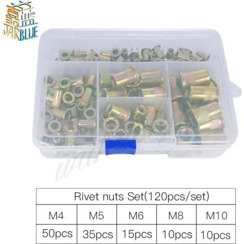 120pcs/set M4 M5 M6 M8 M10 Zinc Plated Knurled Rivnut Flat Head Threaded Rivet Wood Insert Cap Insert Furniture Nut Mix