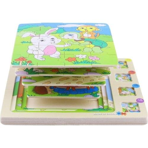 4 Layers Wooden 3D Puzzle Cartoon Animals Story Games Educational Early Learning Gifts Toys for Kids Children