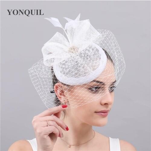 White Sinamay Wedding Hat Fascinator Women Elegant Fashion Headwear Veilling Bride Hat Marry Ladies Party Dinner Chapeau Cap