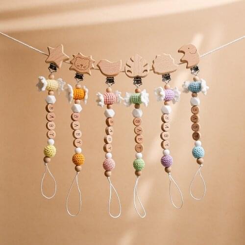 1PC Baby Pacifier Chain Wood Clip Geometric Crochet Beads Bag Wooden Teether Tiny Rod Dummy Clips Baby Pacifier Holder BPA Free