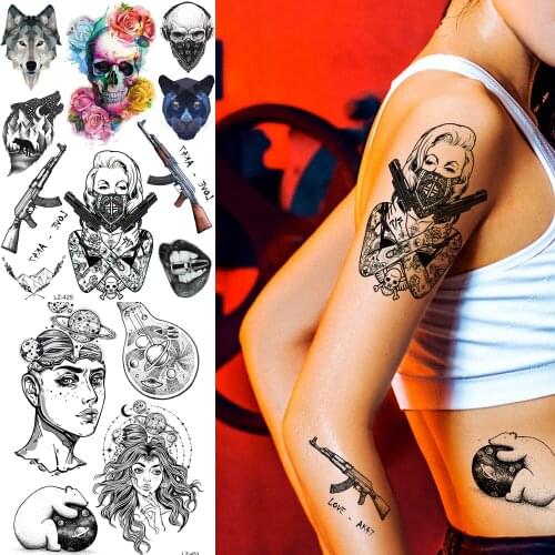 COKTAK Sexy Mask Women Temporary Tattoos Gangster Agent Gun Girl Tatoo Body Art Waterproof Fake Skull Arm Tattoo Sticker For Men