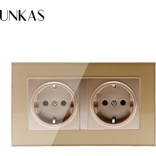 UNKAS Double Outlet 146 mm 86 mm Gold Luxury glass panel Wall Power Dual Socket Plug Grounded, 16A EU Standard Electrical