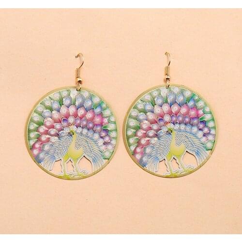 Ethnic Painted Peacock Earrings for Women Bohemian Round Gold Metal Drop Earring Egypt Tribal Gypsy Festival Jewelry Gift