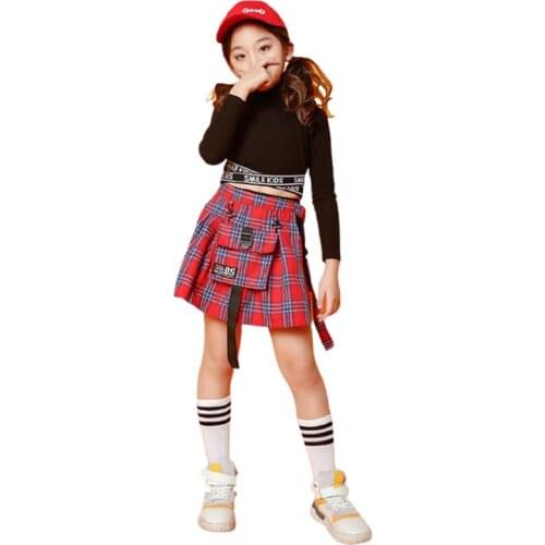 2 Pcs Set Girls Tartan Mini Skirt Jazz Culottes Hip Hop Children Clothes Crop Top Pantskirt Kids Ballroom Street Danc Streetwear