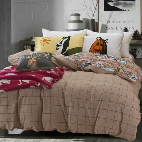 100% Cotton Sanding Printed Flower Bedding Set Cartoon Bed Sheet set Duvet Cover Pillowcase Queen King 4pcs coffee white stripe