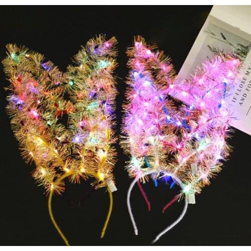 Creative Lengthened Golden Silk Rabbit Cat Ears Shape Headband with LED Light Christmas Decor