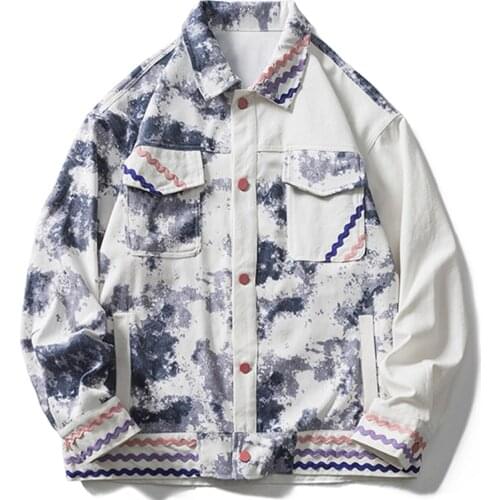 LACIBLE Men Hip Hop Streetwear Multi-pockets Tie Dye Patchwork Denim Jacket Coat 2021 Autumn Casual Cargo Jackets Harajuku Tops