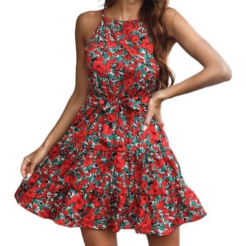 Summer Dress Sleeveless High Waist Female Women Halter Floral Print Dress for Picnic Fashion Loose Hem Ladies Beach Dresses