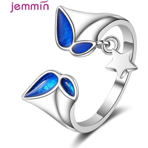 Amazing 925 Sterling Silver Ring for Women Blue Crystal Butterfly Adjustable Open Ring Star Pendant Open Jewelry anillos