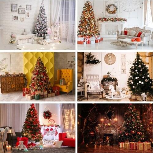 Christmas Backdrops Photography Room Tree Party Decor Gray Brick Wall Baby Toy Carpet Curtain Photo Background For Photo Studio