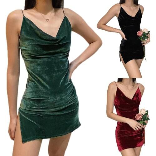 Sexy Halter Summer Women Dress Solid Suede Backless Pleated V Neck High Split Female Ladies Party Club Office Wear Mini Dress