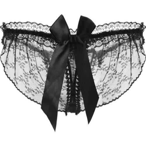 Women Sexy Lingerie Erotic Panties Porn Transparent Floral Lace Underwear Flirty See Through Briefs with Cute Bow Back
