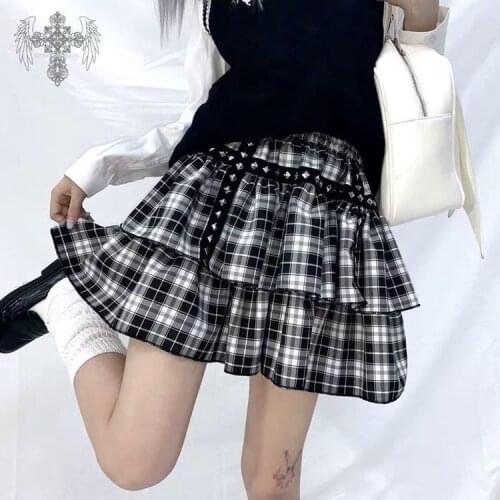 2021 new black and white plaid rivet double high waist skirt skirts womens
