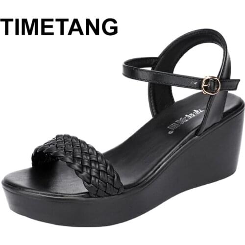 TIMETANGBig Size 32-43 Open Head Knit Platform Sandals Women Beach Shoes 2021 Summer Casual Medium Heel Wedges Sandals Black