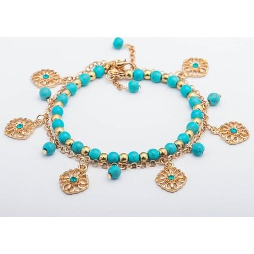 Gold Color Hollow Flower Charm Bracelets Double Chains For Women Hand Link Statement Blue Beads Bangles Adjustable Wristbands