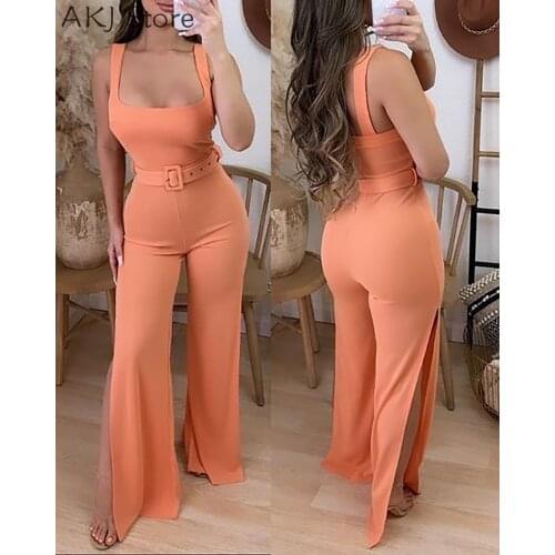 Women Solid Color Square Neck Backless Slit Jumpsuit With Belt