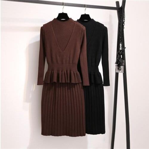 2021 New Female O-neck Long Sleeve Knitted Blouses Sweater + Mid Length Dress Ladies Two-piece Sets Women Solid Color Suits Q114