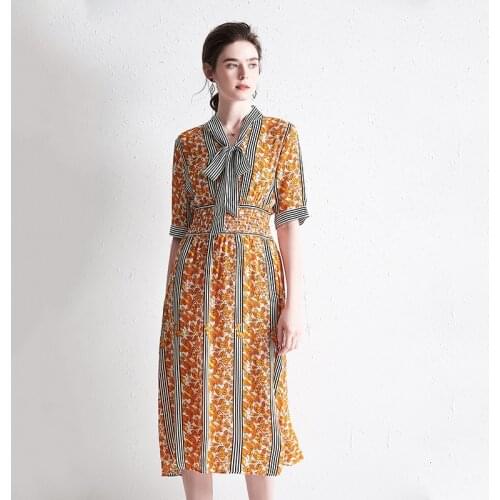 Yellow Leaves Floral Silk Dresses Women Bowtie 2021 Summer Long Casual Sexy Office Work Daily Dress Plus Size Slim Fit A Line
