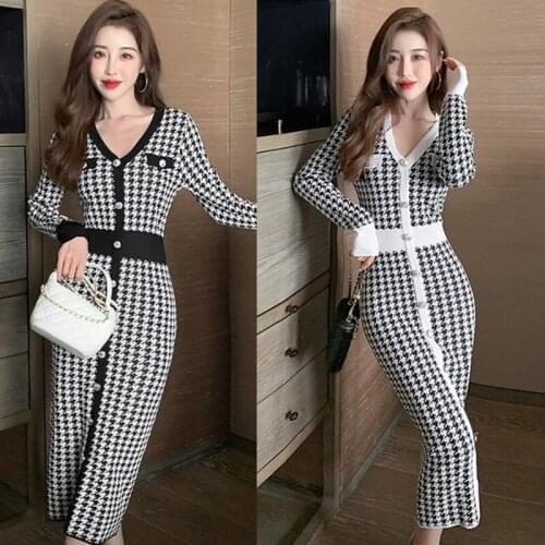 2021 autumn winter Women Plaid Houndstooth Knitted Dress Fashion Retro Knit Sweater Bodycon Plaid Dress