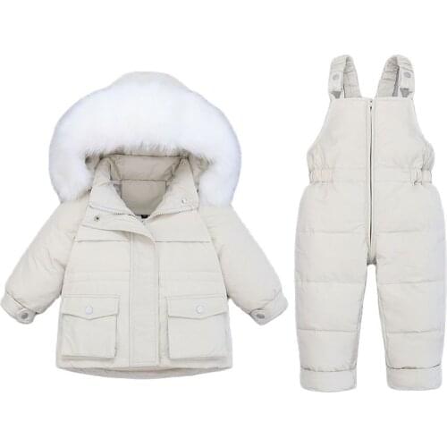 Winter Girl Snowsuit Hooded Childrens Down Jacket Set Solid White Thick Warm Winter Toddler Girl Coat 1-5Y Kids Outfits Set