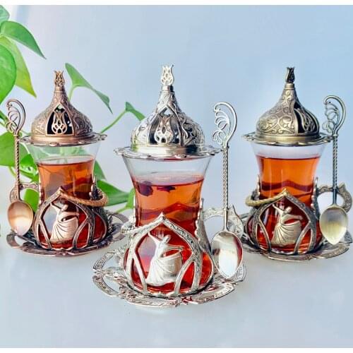 Zq Hollow Metal Glass Black Tea Cup Exquisite European Tea Cup Set Spoons as the Gifts