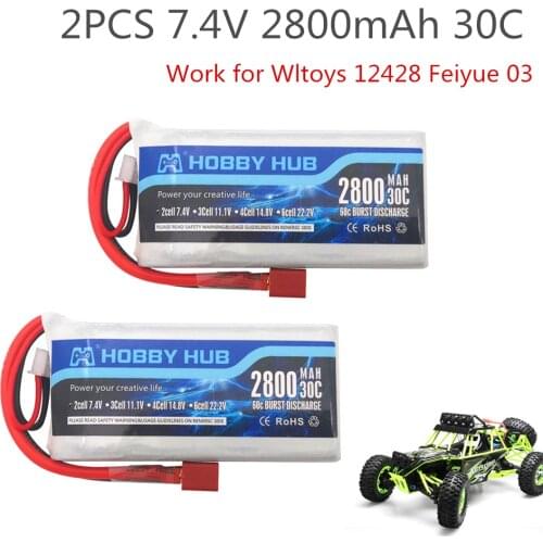 2PCS Hobby Hub Lipo Battery 2s 7.4V 2800mAh 30C Max 60C For Wltoys 12428 feiyue 03 Q39 upgrade parts vs 2700mah