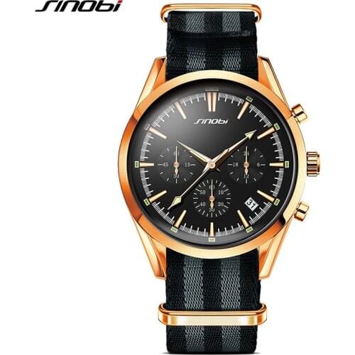 SINOBI Watch Men Golden Sports Wrist Watches Chronograph Cloak Military NATO Nylon Watchband Luxury Males Relojes Hombre Steel