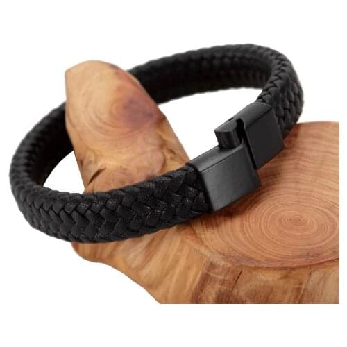 Black Original Leather, Matte Black Steel Mens Bracelet
