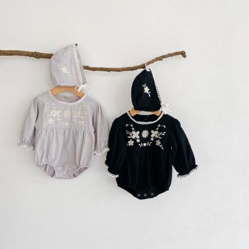 2021 Spring Fall Baby Girl Romper Vintage Floral Embroidery Long Sleeve Lace Collar Jumpsuit Bodysuit Soft Casual Outfit Set+Cap