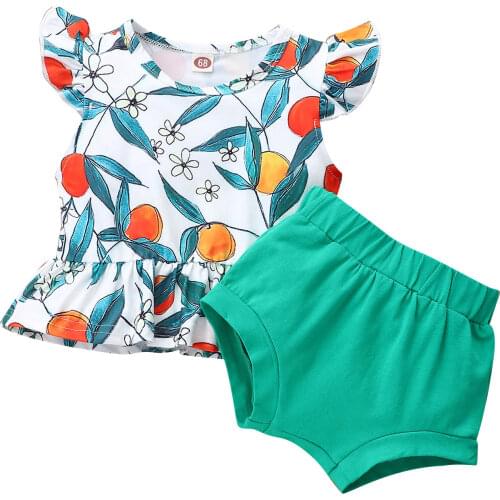Girl’s T-shirt and Shorts Set Fashion Flower Print Fly Sleeve Tops and Solid Color Triangle Short Pants