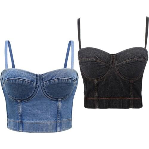 Women Summer Sleeveless Crop Top Retro Denim Push Up Bustier Detachable Spaghetti Straps Camis Corset Night Club Vest