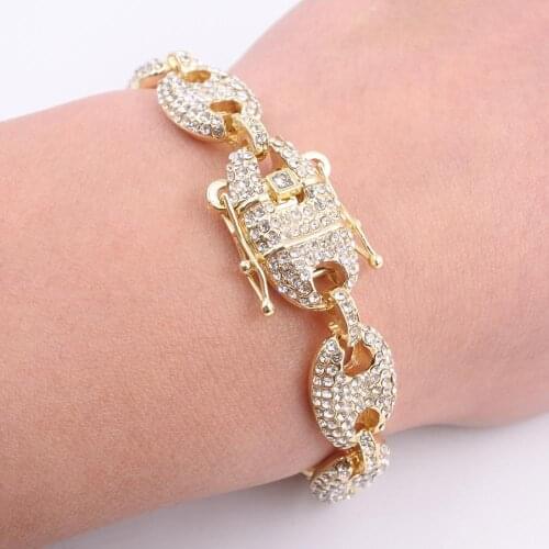 Mens bracelets iced out bling USA street rapper dancer hip hop cz link cuban chain coffee bean pig nose box with tongue clasp