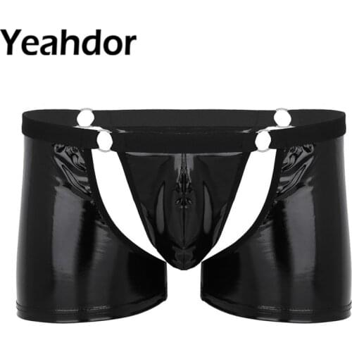 Mens Sissy Lingerie Homme Wetlook Faux Leather Sexy Briefs Cut Out Bulge Pouch Low Rise Boxer Shorts Underwear Male Gay Panties