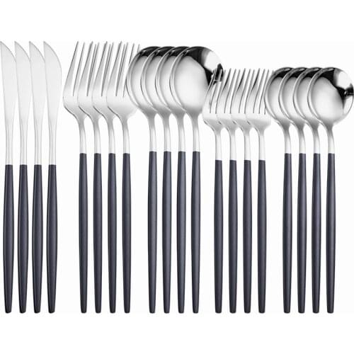 Black Silver Stainless Steel Cutlery Set Knife Fork Dessert Tea Spoon Flatware Set Kitchen Tableware Utensils Sets Dropshipping