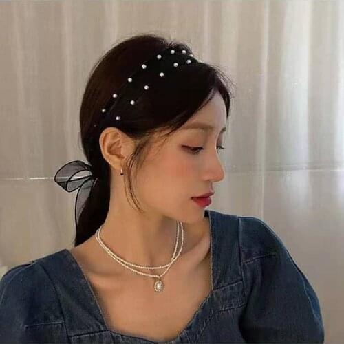 New Fashion Korean Temperament Pearl Black Gauze Hair Tie Fairy Hair Accessory Ornament Head Band Lady Fashion Hair Accessories