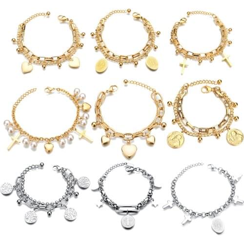 Wholesale 10pcs/lot Double Layer Stainless Steel Heart Tree Cross Gold Silver Color Bracelets For Women Fashion Jewelry Party