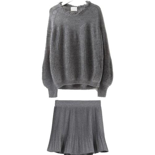 PERHAPS U Gray Solid O Neck Sweater Full Sleeve Women Mini Skirt Knitted Two Pieces Set Elegant T0102