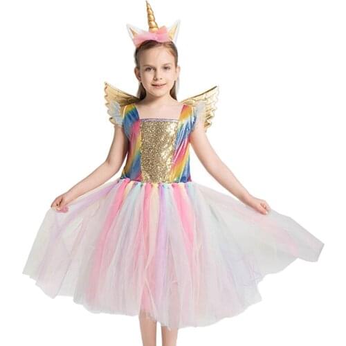 Fantasia Unicorn Dress for Girls Party Elegant Kids Rainbow Gown Cosplay Costume Summer Clothes Child Birthday Princess Dresses