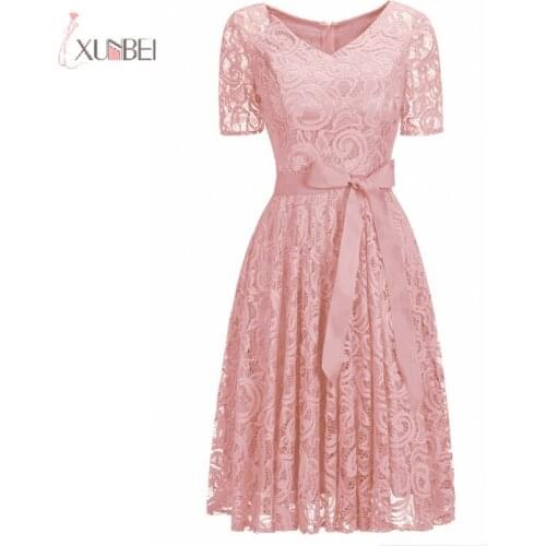 2019 Sexy Pink Lace Short Robe Cocktail Dresses V Neck Short Sleeve Party Gown In Stock