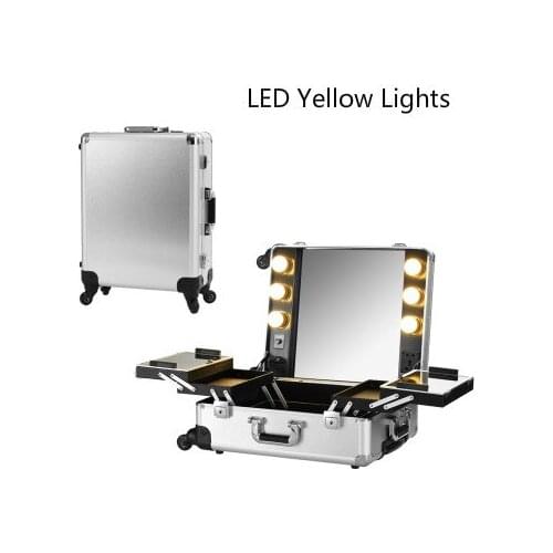Silver LED Yellow Light Makeup Artist Train CaseAluminum Rolling Cosmetic Box Makeup LED Lighting Studio
