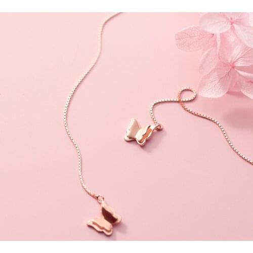 100% Real 925 Sterling Silver Butterfly Threader Earrings Rose Gold Long Butterfly Pull Through Drop Earrings for Women
