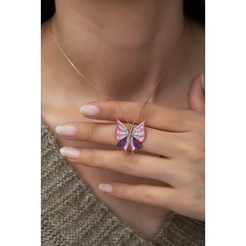 Love Symbol in 925 Sterling Silver Pink Lady ButterflyFor Women Pendant Necklace Accessory Jewelry Valentines Day Gifts