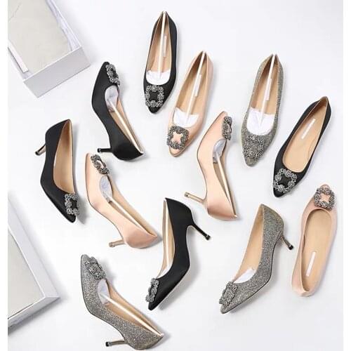 Brand Rhinestone Silk Women Pumps Elegant High Heels Sexy Women Heel Shoes Pointed Toe Ladies Shoes Extreme Leather Women Pumps