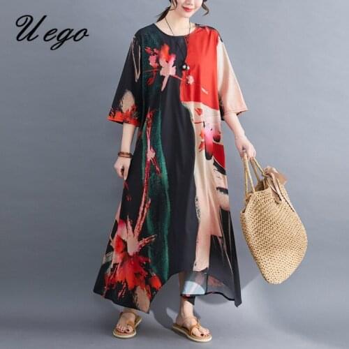Uego 2021 New Arrival Loose Chiffon Summer Dress Fashion Print Floral Holiday Out Travel Casual Dress Plus Size Women Long Dress