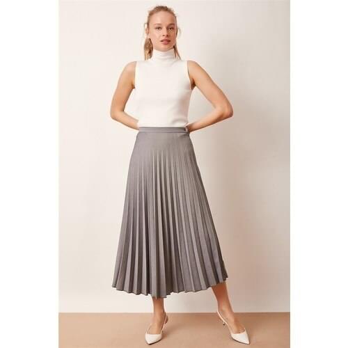 Pleated High Waist Midi Women Skirt Gray Coupon Outlets New Fashion